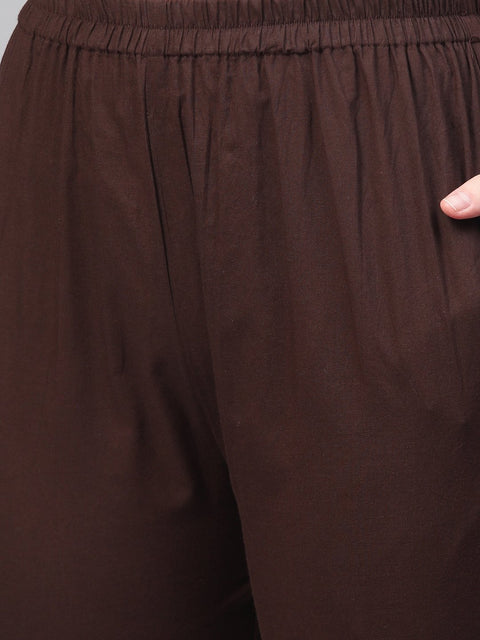 Beige with multi colored floral kurta with solid chocolate brown pants