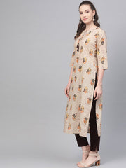 Beige with multi colored floral kurta with solid chocolate brown pants