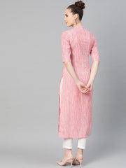 Pink & Off white Striped Printed Kurta with Solid White Pants