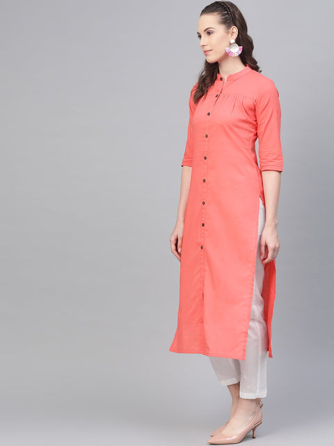 Solid Peach kurta with gathered detailing with Solid White Pants