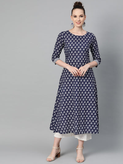 Navy Blue & White Floral Printed A-line cotton Kurta
