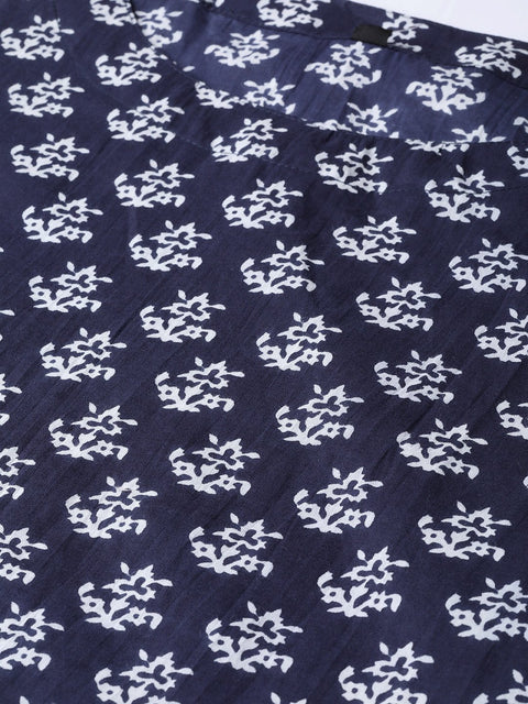 Navy Blue & White Floral Printed A-line cotton Kurta