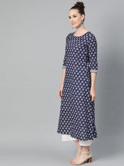 Navy Blue & White Floral Printed A-line cotton Kurta