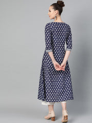Navy Blue & White Floral Printed A-line cotton Kurta