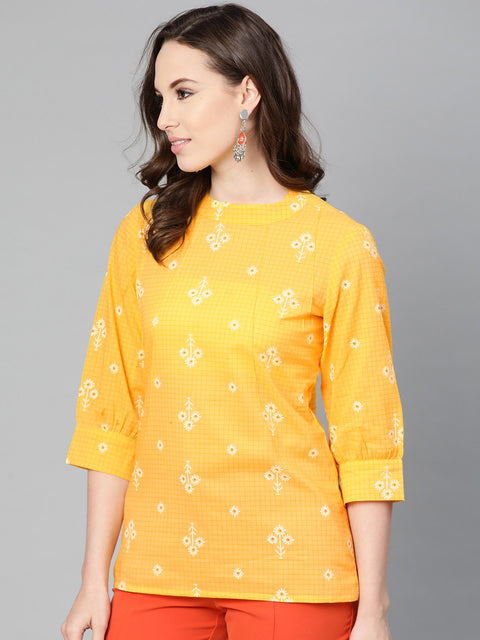 Yellow floral & checks printed a-line top