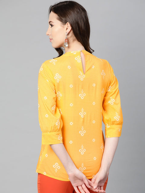 Yellow floral & checks printed a-line top