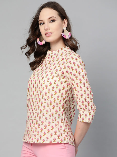 Cream and pink floral printed a-line top