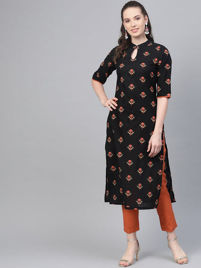 Black & rust orange multi floral printed kurta & solid pants
