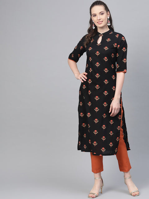 Black & rust orange multi floral printed kurta & solid pants