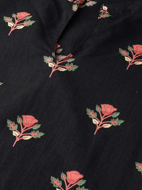 Black & rust orange multi floral printed kurta & solid pants
