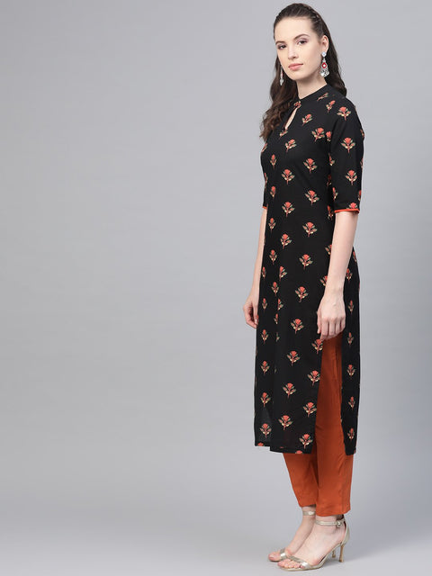 Black & rust orange multi floral printed kurta & solid pants