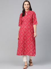 Red bandhani printed kurta with solid cream pants