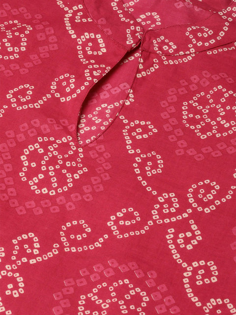Red bandhani printed kurta with solid cream pants