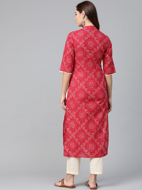 Red bandhani printed kurta with solid cream pants