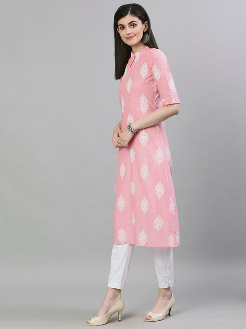 Women Pink & White Printed Straight Kurta