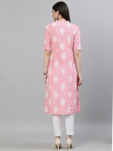 Women Pink & White Printed Straight Kurta