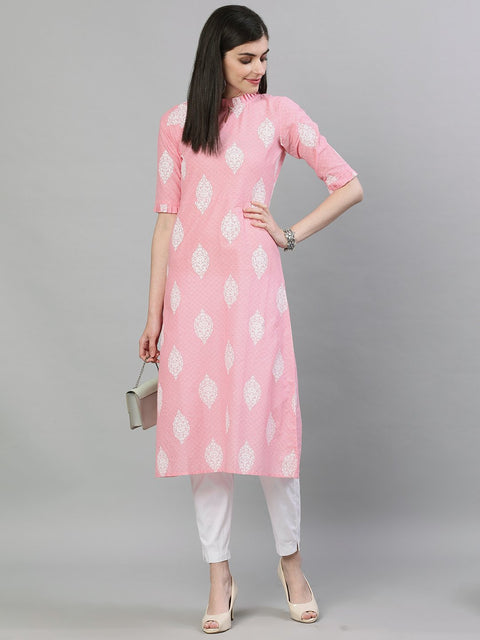 Women Pink & White Printed Straight Kurta