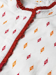 Off White with multi colored geometric print kurta with detailed collar and placket with solid maroon pallazo