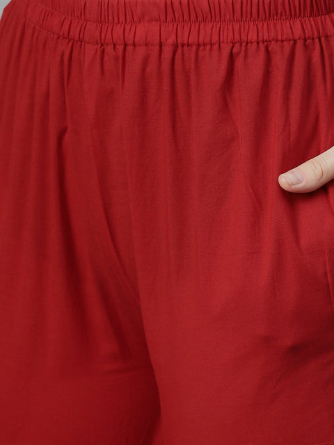 Off White with multi colored geometric print kurta with detailed collar and placket with solid maroon pallazo