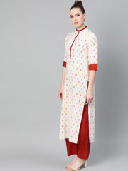Off White with multi colored geometric print kurta with detailed collar and placket with solid maroon pallazo