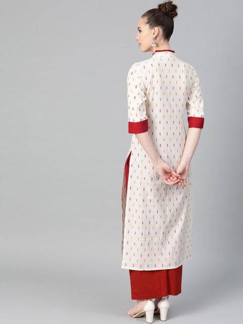 Off White with multi colored geometric print kurta with detailed collar and placket with solid maroon pallazo