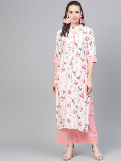 Off white multi colored floral kurta with collar and placket detailing with solid light pink pallazos