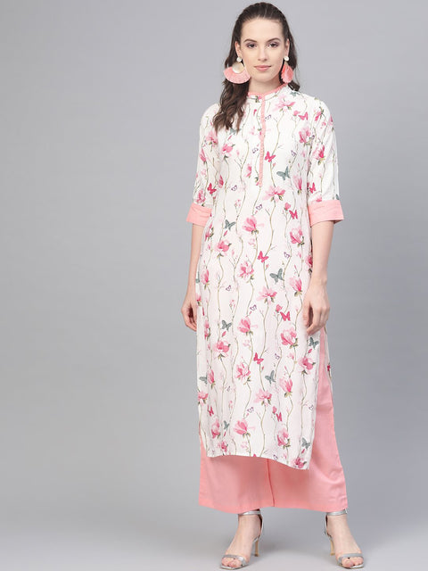 Off white multi colored floral kurta with collar and placket detailing with solid light pink pallazos