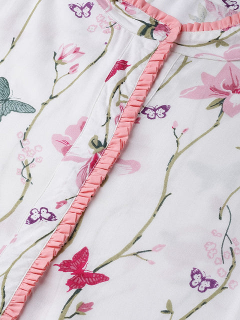 Off white multi colored floral kurta with collar and placket detailing with solid light pink pallazos