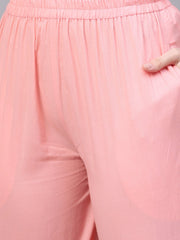 Off white multi colored floral kurta with collar and placket detailing with solid light pink pallazos