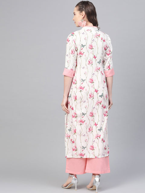 Off white multi colored floral kurta with collar and placket detailing with solid light pink pallazos