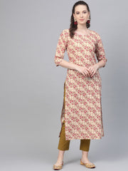 Cream & multi floral printed kurta with solid olive green pants
