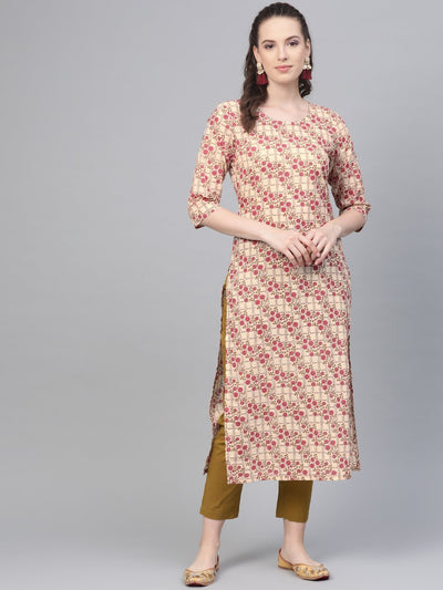 Cream & multi floral printed kurta with solid olive green pants