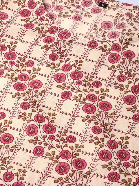 Cream & multi floral printed kurta with solid olive green pants