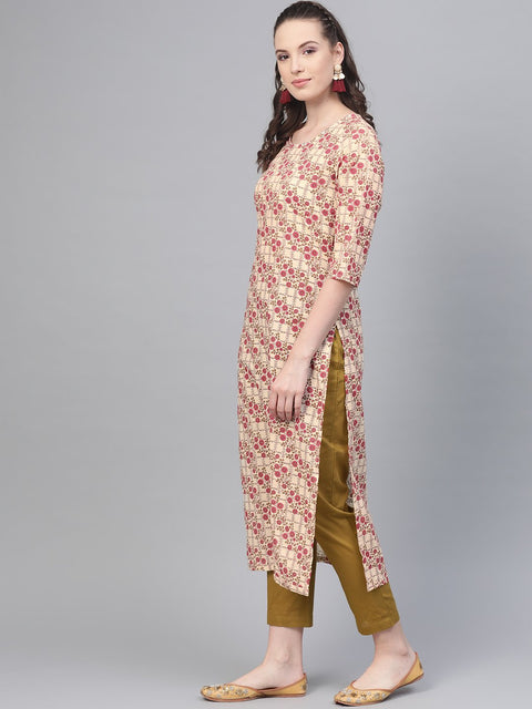 Cream & multi floral printed kurta with solid olive green pants
