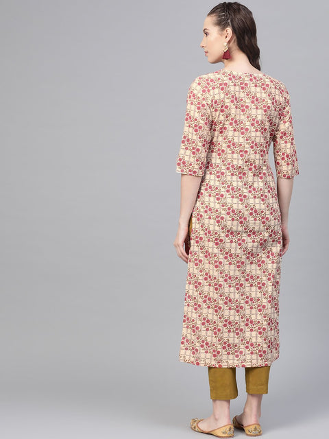 Cream & multi floral printed kurta with solid olive green pants