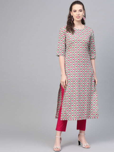 Pastel Green & Magenta Printed Straight Kurta with Pant