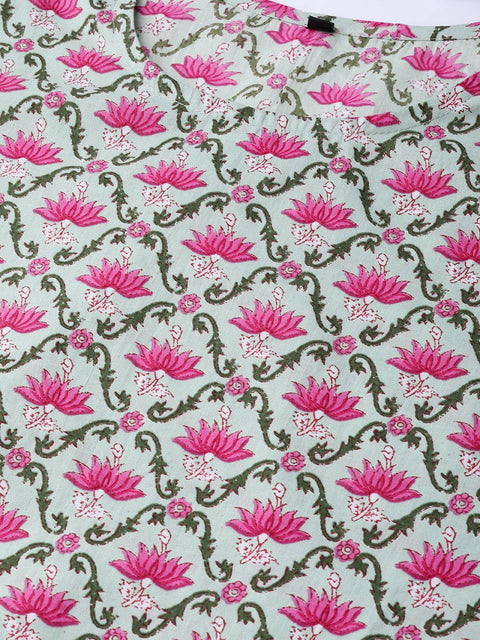 Pastel Green & Magenta Printed Straight Kurta with Pant