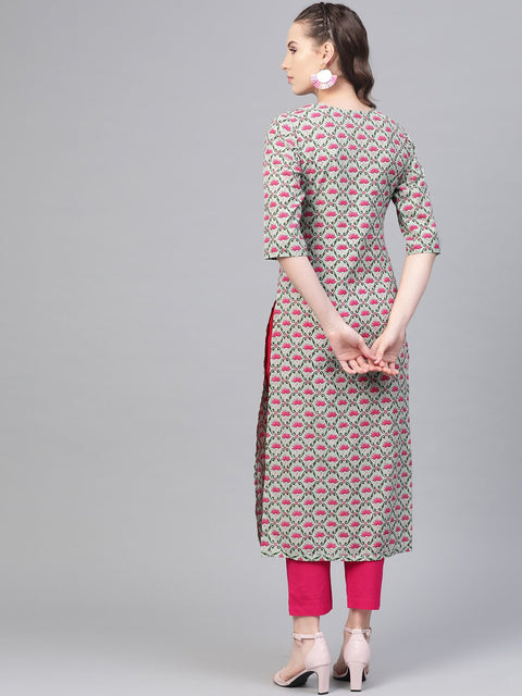Pastel Green & Magenta Printed Straight Kurta with Pant
