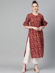 Maroon & Beige Printed A-line Kurta with Round Flared Sleeves