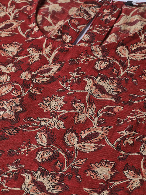 Maroon & Beige Printed A-line Kurta with Round Flared Sleeves