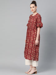 Maroon & Beige Printed A-line Kurta with Round Flared Sleeves