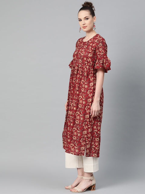 Maroon & Beige Printed A-line Kurta with Round Flared Sleeves