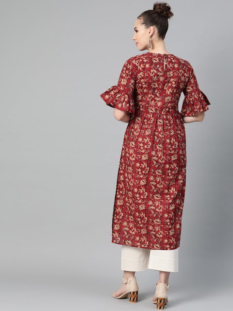 Maroon & Beige Printed A-line Kurta with Round Flared Sleeves