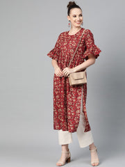 Maroon & Beige Printed A-line Kurta with Round Flared Sleeves