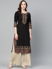 Black & gold Geometric Printed Kurta with Round neck & 3/4 sleeves