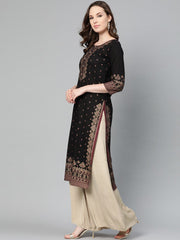 Black & gold Geometric Printed Kurta with Round neck & 3/4 sleeves
