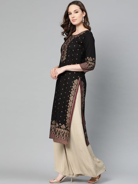 Black & gold Geometric Printed Kurta with Round neck & 3/4 sleeves