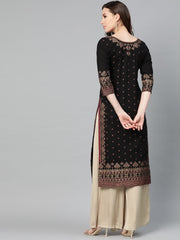 Black & gold Geometric Printed Kurta with Round neck & 3/4 sleeves