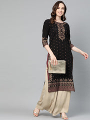 Black & gold Geometric Printed Kurta with Round neck & 3/4 sleeves