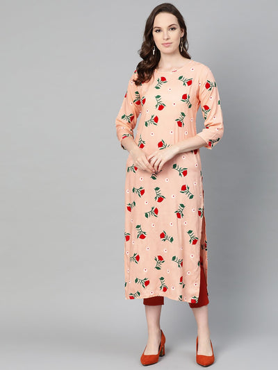 Peach Multi colored Floral printed Straight Kurta with Round neck & 3/4 sleeves